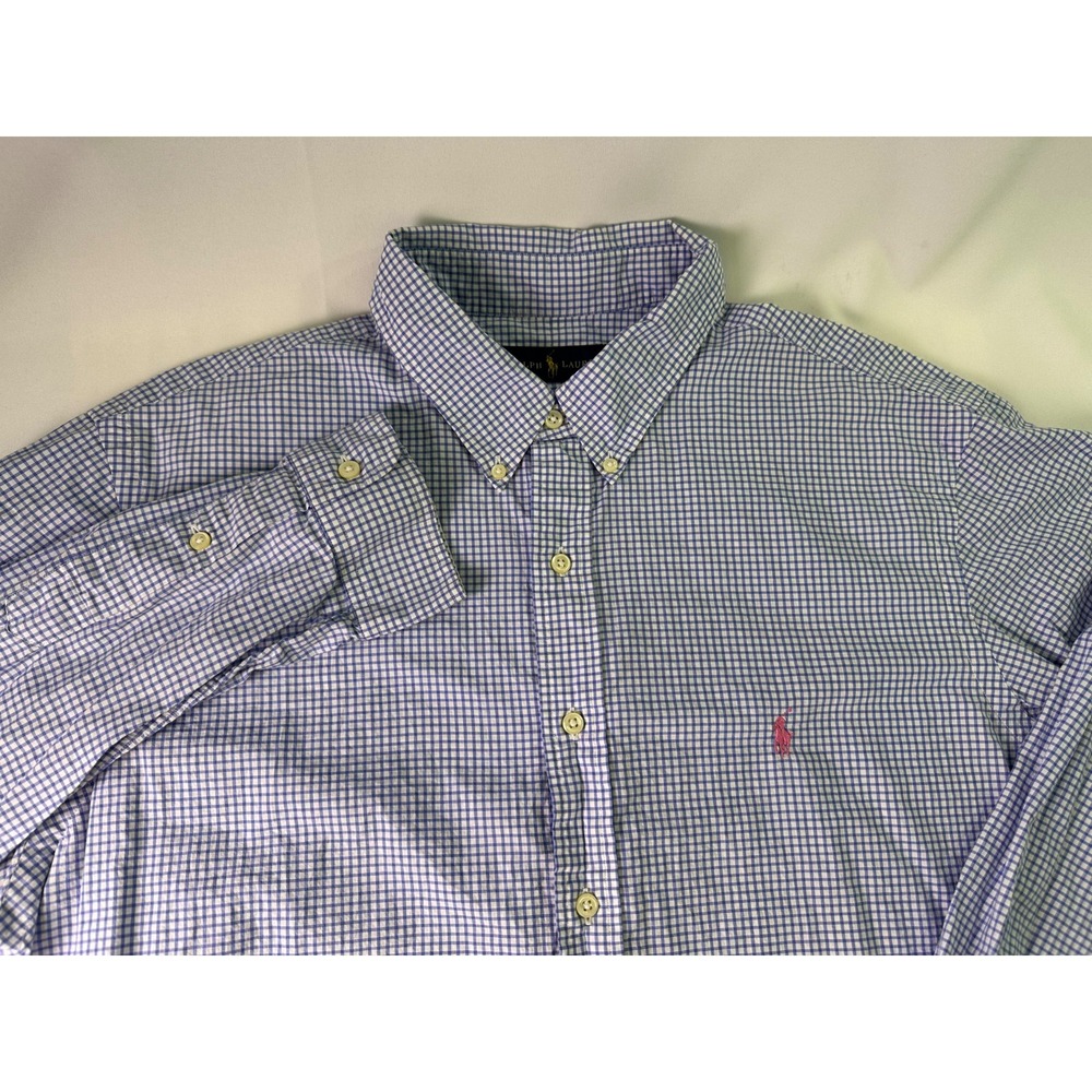Ralph Lauren Mens Blue Gingham Check Button Down Shirt Pink Pony Logo Size 18 46